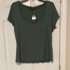 Torrid Pointelle Square Neck Fitted Lettuce Edge Short Sleeve Top